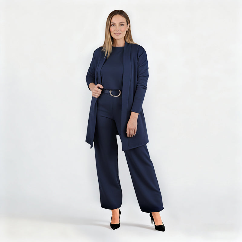 Elena – Ensemble élégant femme 3 pièces (veste, haut et pantalon)
