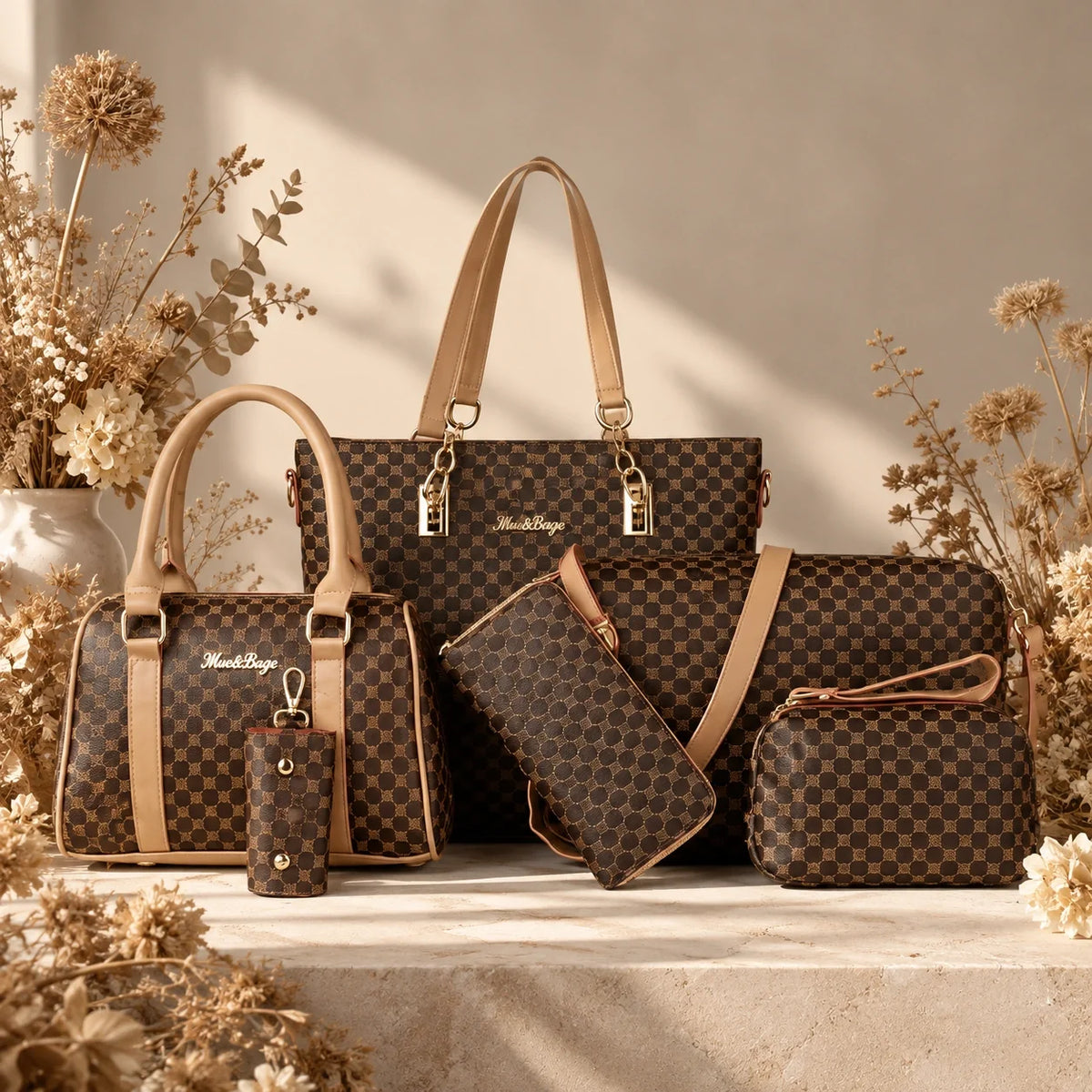 Bohème | Ensemble de sacs à main 6 pièces pour femme – Cabas, sac à main, pochette, sac bandoulière, portefeuille & étui à clés