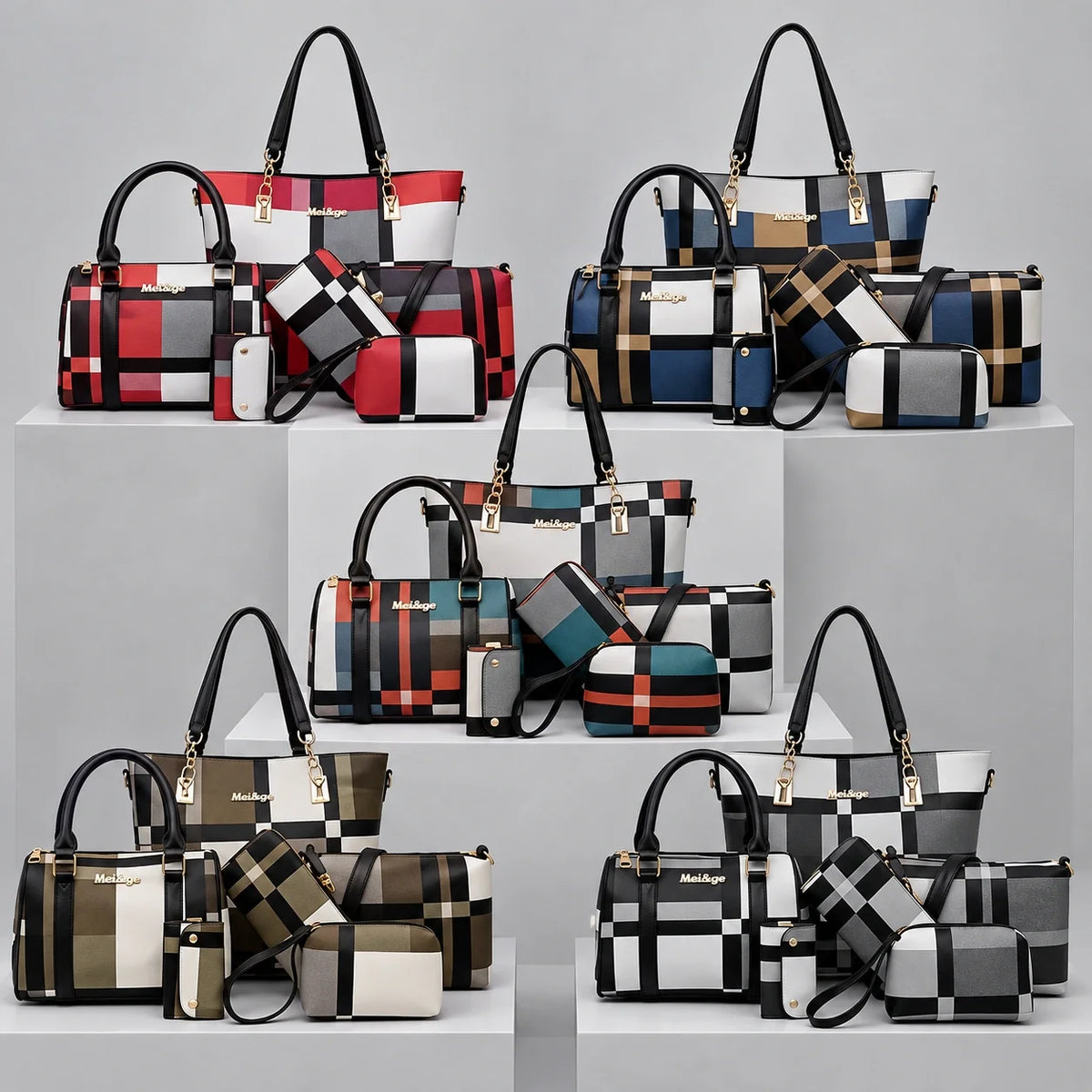 Élodie | Ensemble de sacs à main 6 pièces pour femme – Cabas, sac à anses, sac bandoulière, pochette & portefeuille