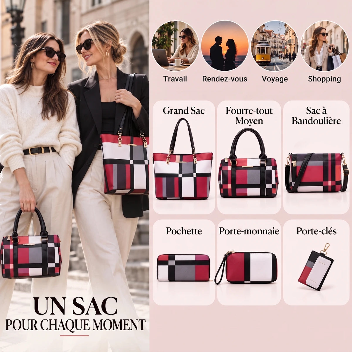 Élodie | Ensemble de sacs à main 6 pièces pour femme – Cabas, sac à anses, sac bandoulière, pochette & portefeuille