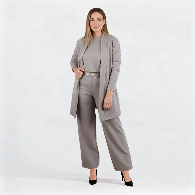 Elena – Ensemble élégant femme 3 pièces (veste, haut et pantalon)