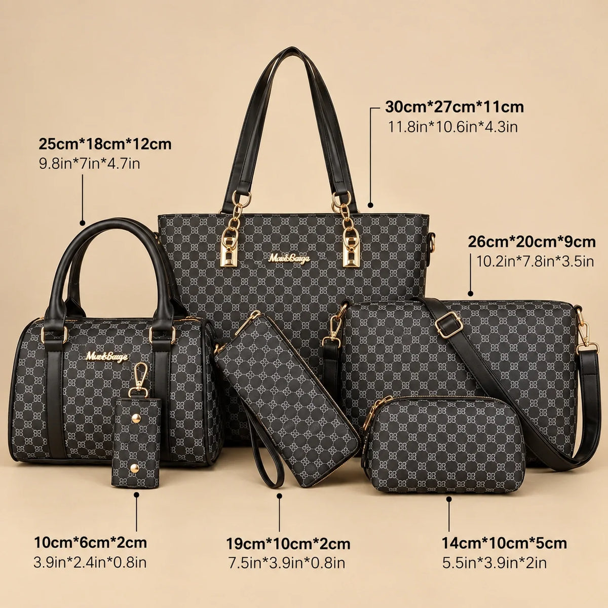 Bohème | Ensemble de sacs à main 6 pièces pour femme – Cabas, sac à main, pochette, sac bandoulière, portefeuille & étui à clés