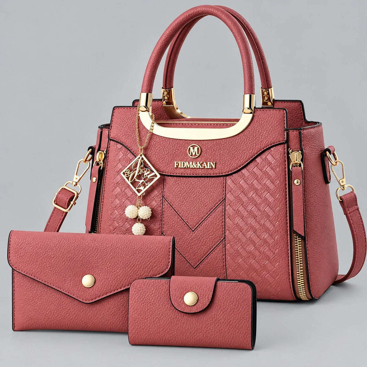 Chevron | Ensemble de sacs à main 3 pièces pour femme – Cabas, portefeuille & porte-cartes