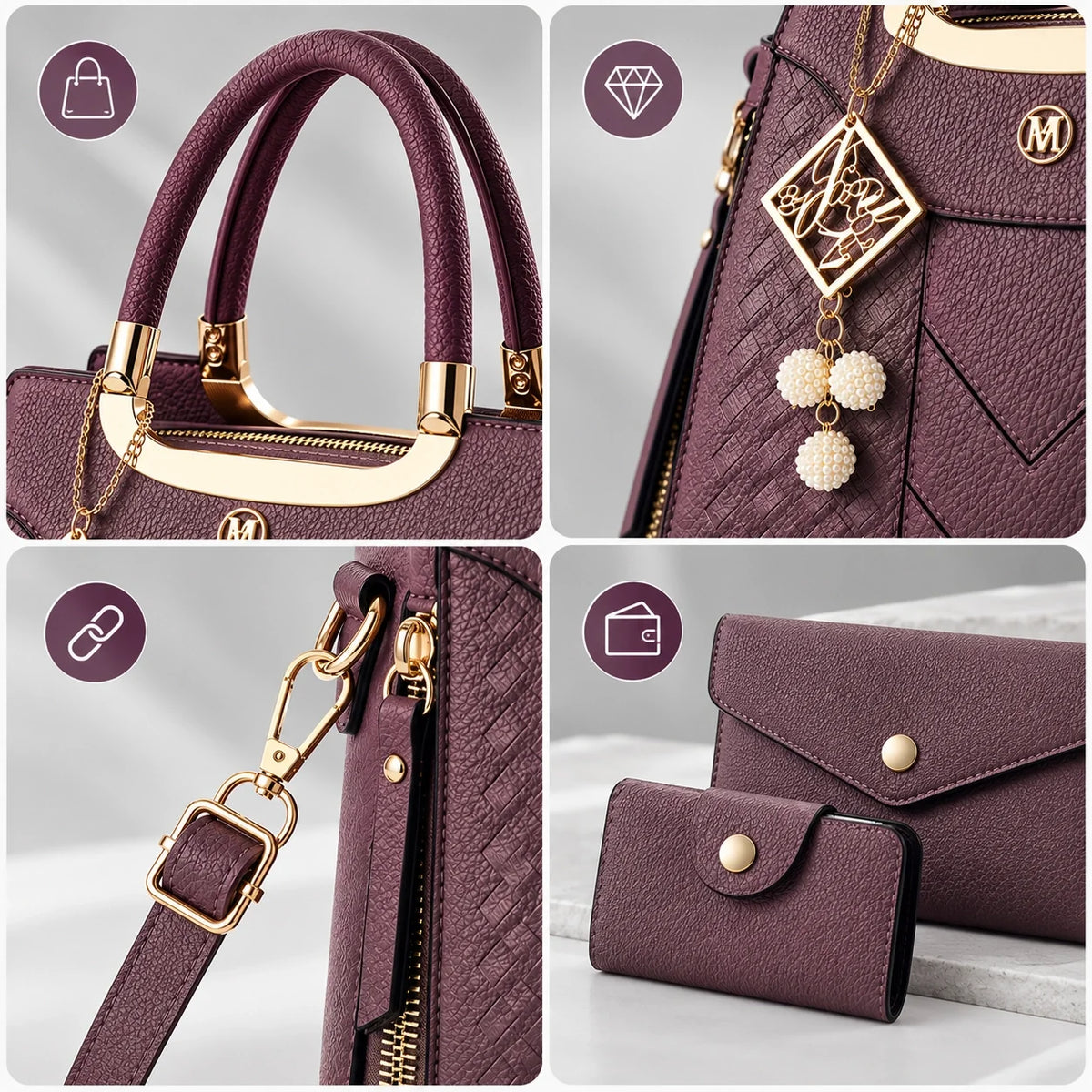 Chevron | Ensemble de sacs à main 3 pièces pour femme – Cabas, portefeuille & porte-cartes