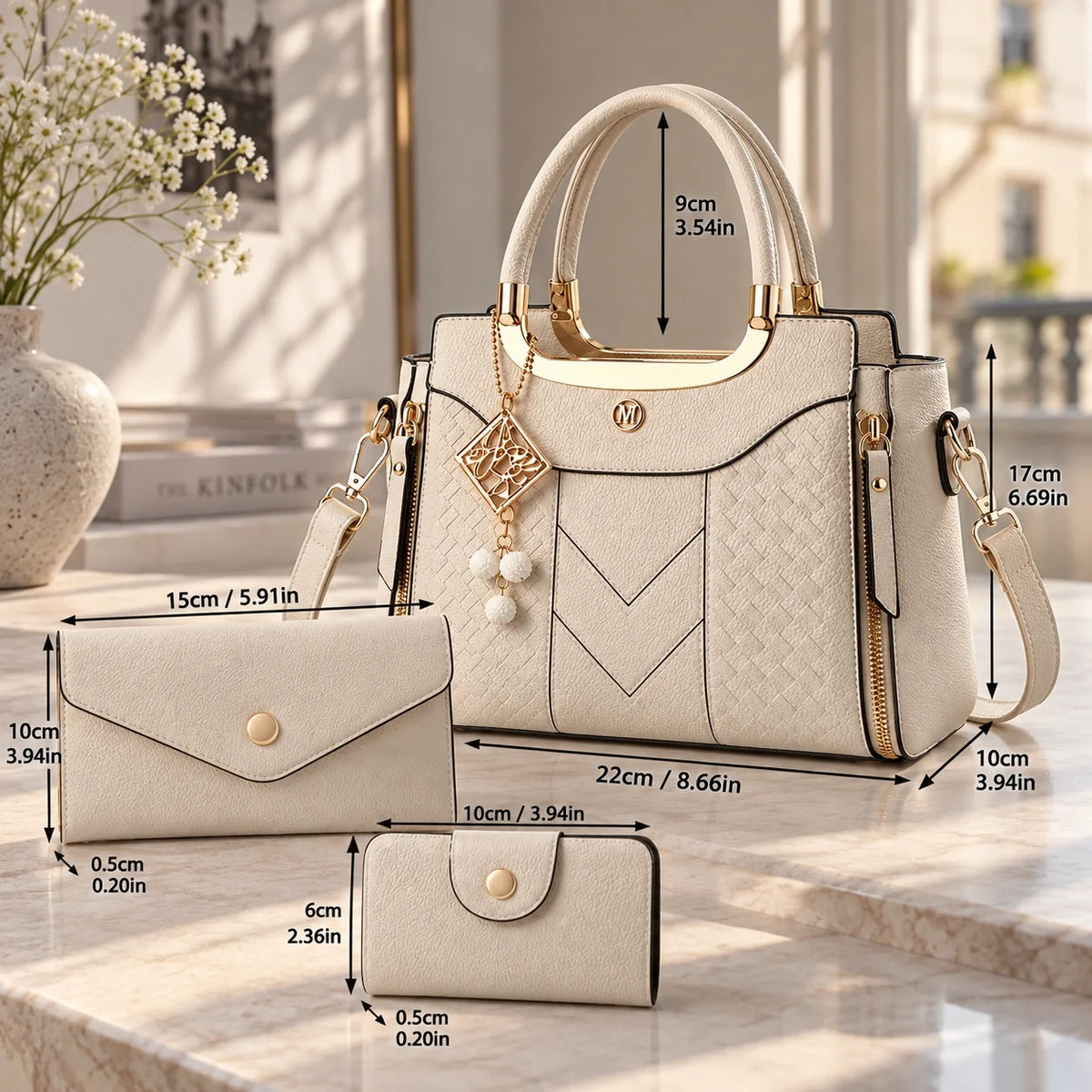 Chevron | Ensemble de sacs à main 3 pièces pour femme – Cabas, portefeuille & porte-cartes