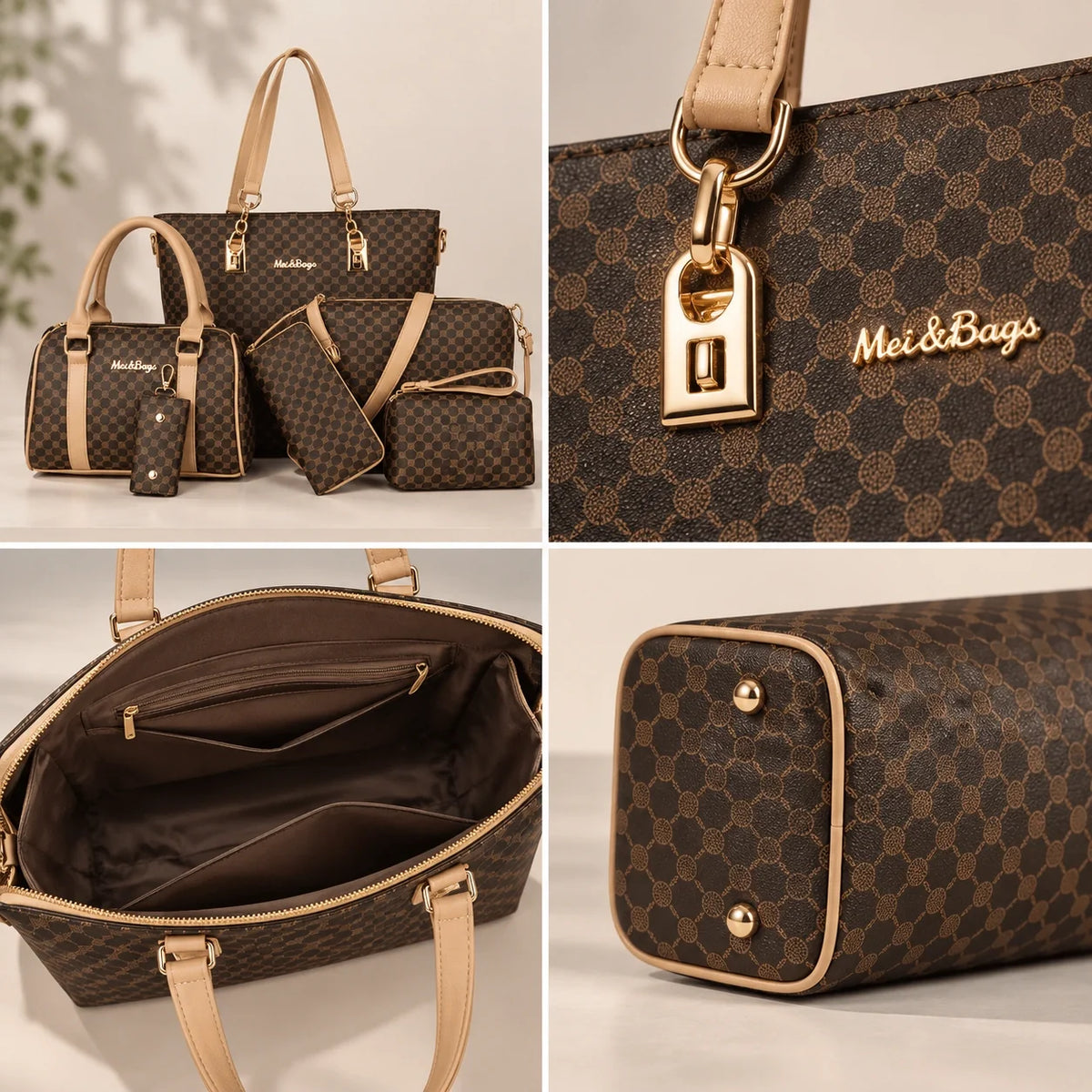 Bohème | Ensemble de sacs à main 6 pièces pour femme – Cabas, sac à main, pochette, sac bandoulière, portefeuille & étui à clés